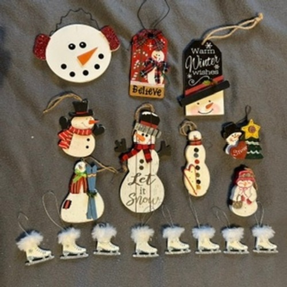 Rustic Wooden Snowman Christmas Ornament Lot Ice Skates Winter Decor 17 pc